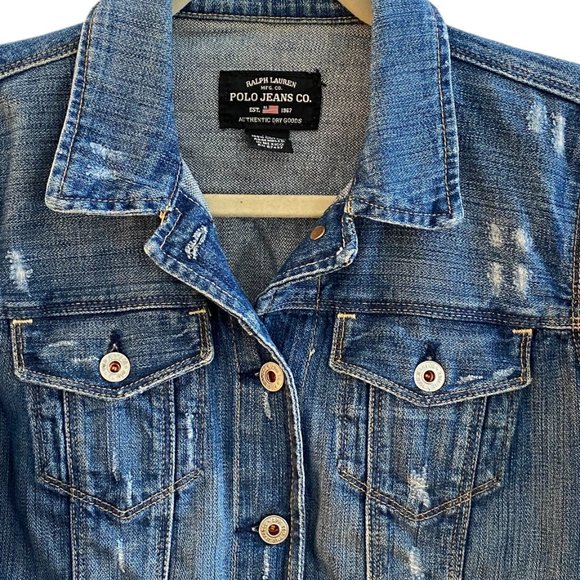 Ralph Lauren Polo Jeans Distressed Rocker Denim Trucker Ripped Y2K Jean Jacket-M - Picture 9 of 14